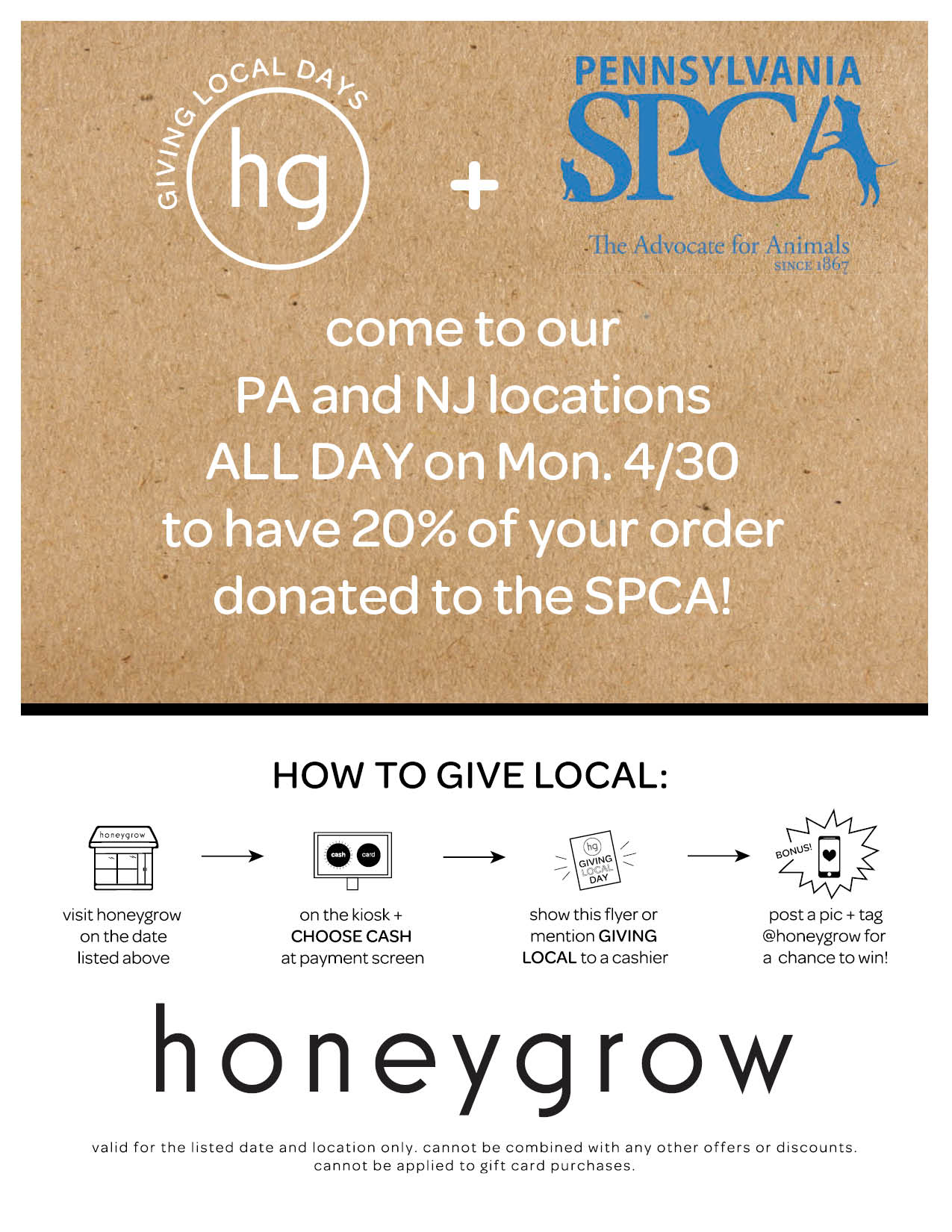 All Pennsylvania & New Jersey honeygrow locations “Give Local” April 30
